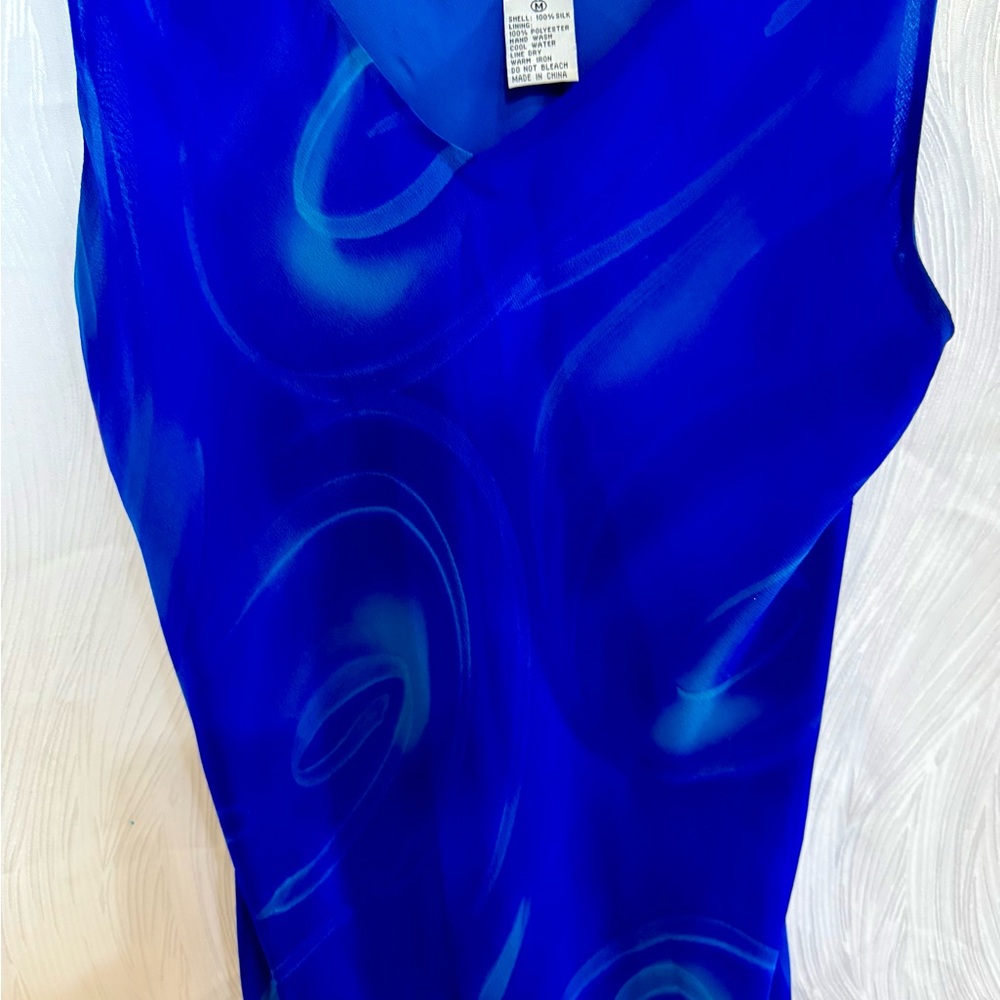 Simply Silk 100% Silk Blue Swirl Dress M Vintage 90s Watercolor Abstract Sheath